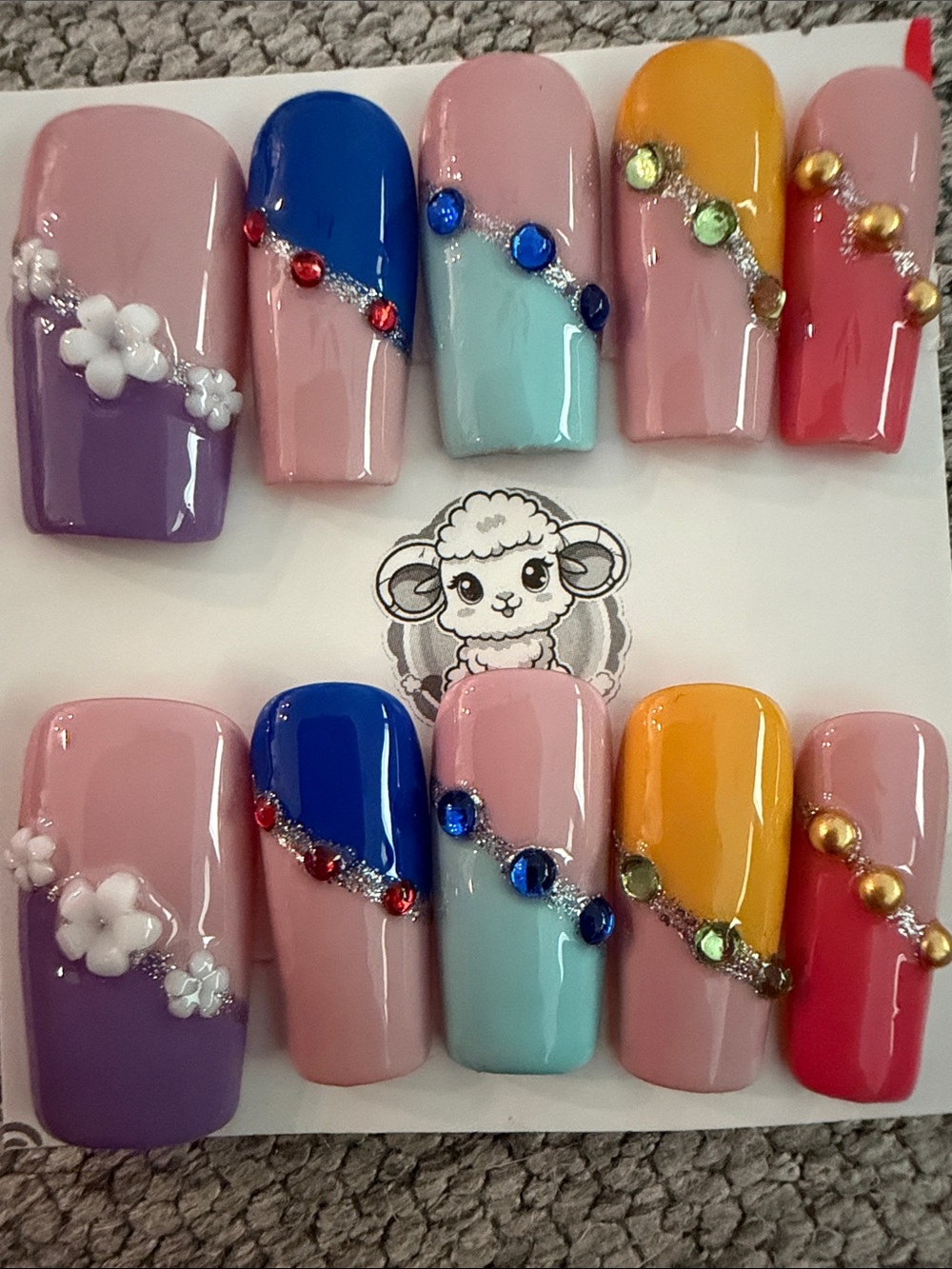 Colorful Gem Accent handmade acrylic Press-On Nail Set -